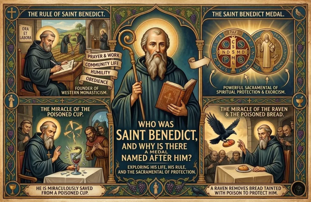 image illustrate who was saint benedict and why is there a medal named after him